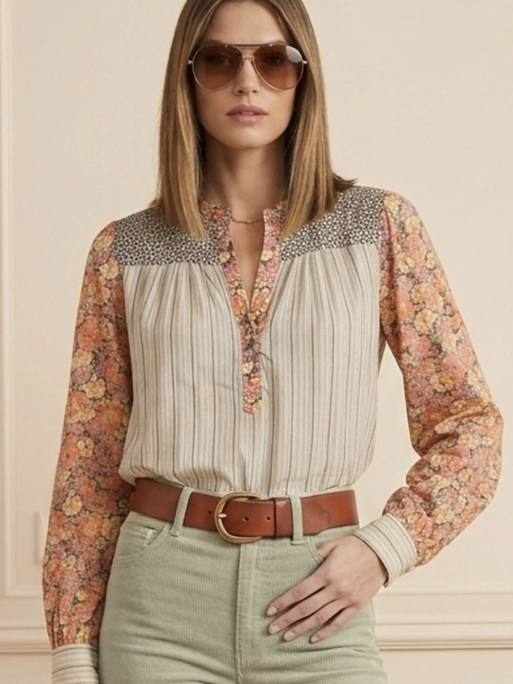 NWT La Vie Rebecca Taylor Style House Mixed Print Blouse Floral Stripe Size S